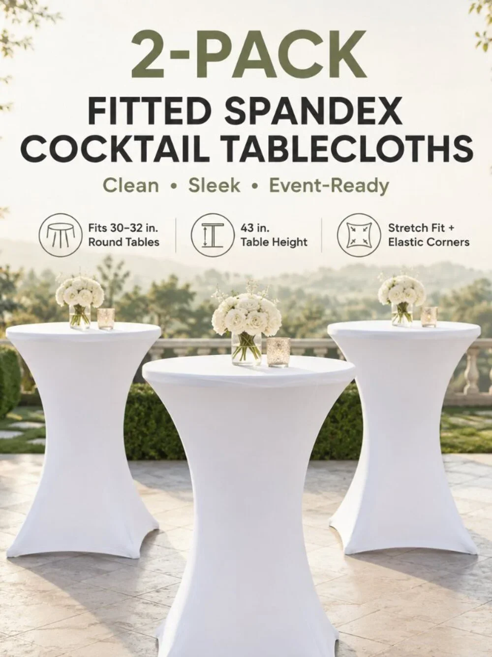 2 Pack White Spandex Cocktail Tablecloth Covers 30–32